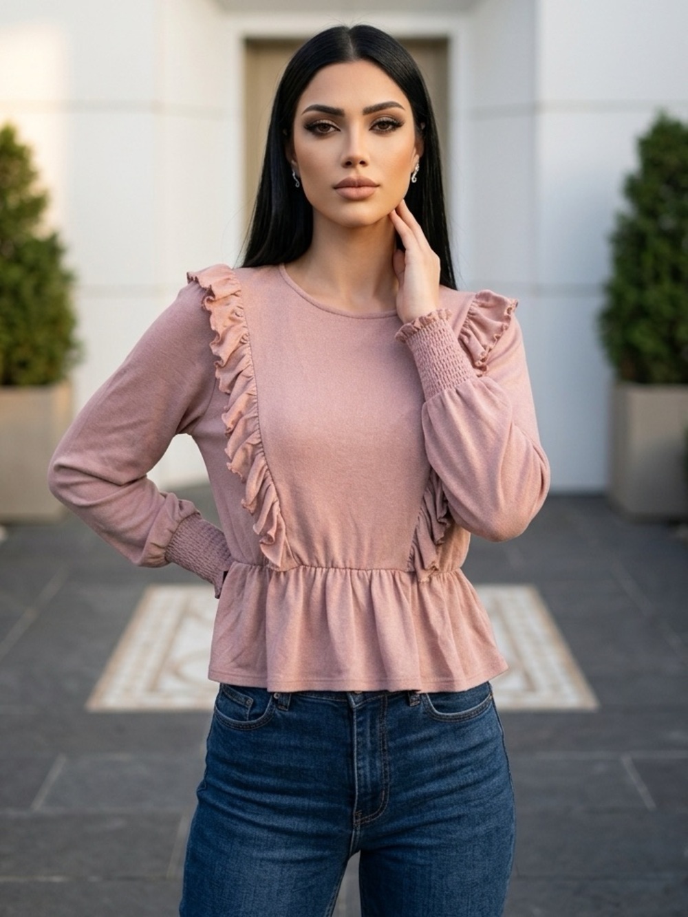 NWT - 143 by Story - Women’s Pink Long Sleeve With Ruffles Top - XS